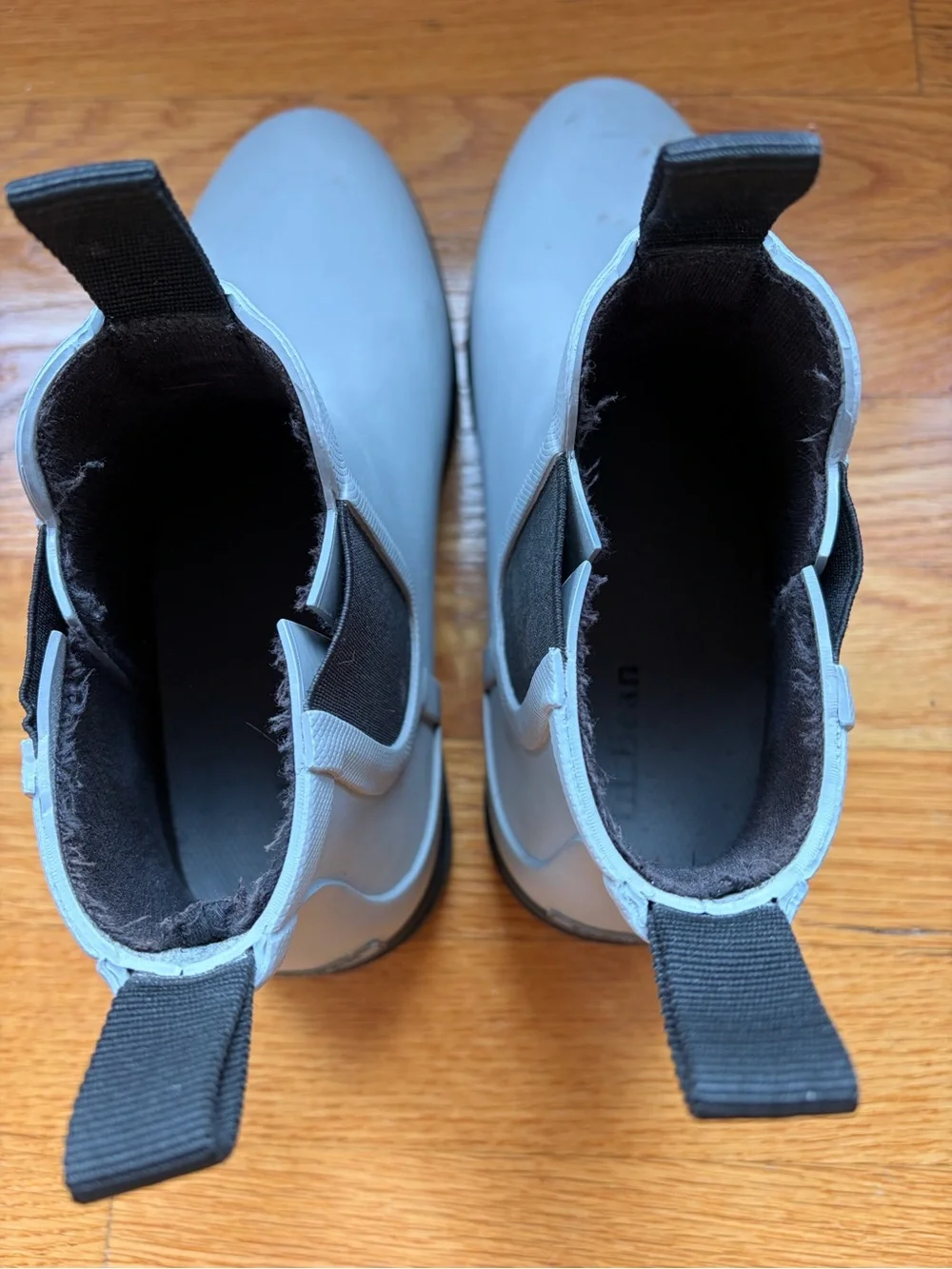 L.L. Bean Light Gray Chelsea Rain Boots with Black Pull Tabs